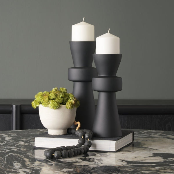 Mercana Odilia Sculptural Geometric Metal Pillar Candle Holder for Modern Decor - Elegant Centerpiece Display Matte Black | Small 71152