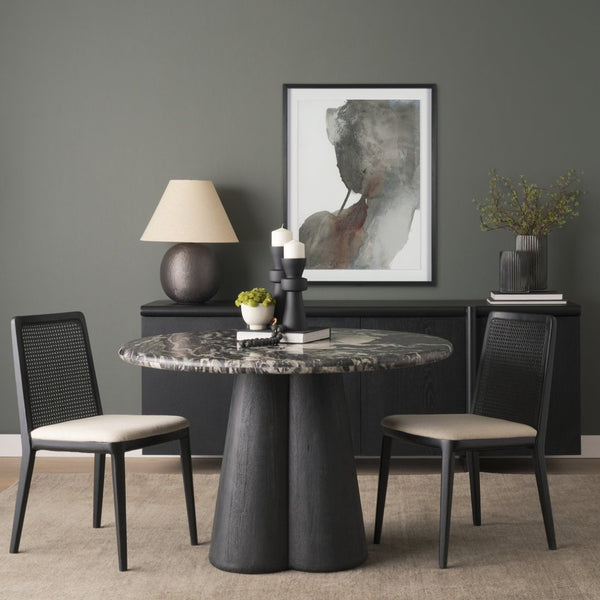 Mercana Marilyn Round Dining Table with Striking Black Forest Marble Top and Sculptural Wood Pedestal Design 71221-AB