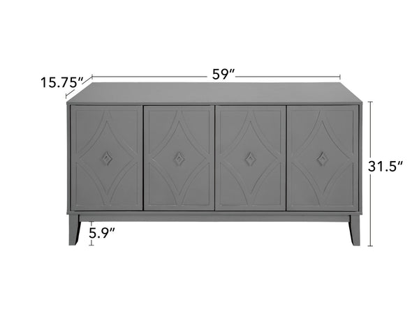 English Elm 4 Door Sideboard Buffet with Hand Carved Geometric Panels Black Oak Finish Raised Legs W688P359831