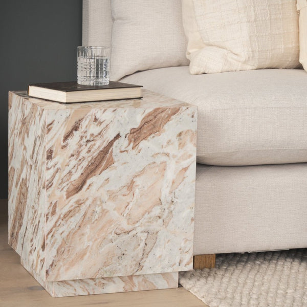 Mercana Matteo Luxurious Solid Marble Side Table with Floating Design and Hidden Casters for Effortless Mobility Pink Marble | Square 71191