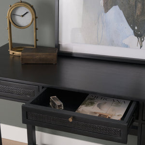 Mercana Grier 60" Solid Mango Wood Office Desk with Elegant Cane Drawer Fronts for Stylish Workspaces Black Wood | Black Cane | Brass 71145