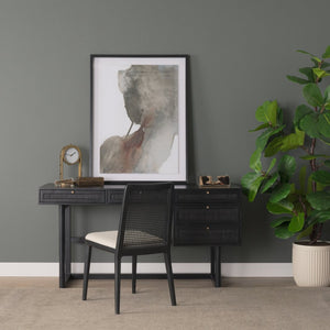 Mercana Grier 60" Solid Mango Wood Office Desk with Elegant Cane Drawer Fronts for Stylish Workspaces Black Wood | Black Cane | Brass 71145