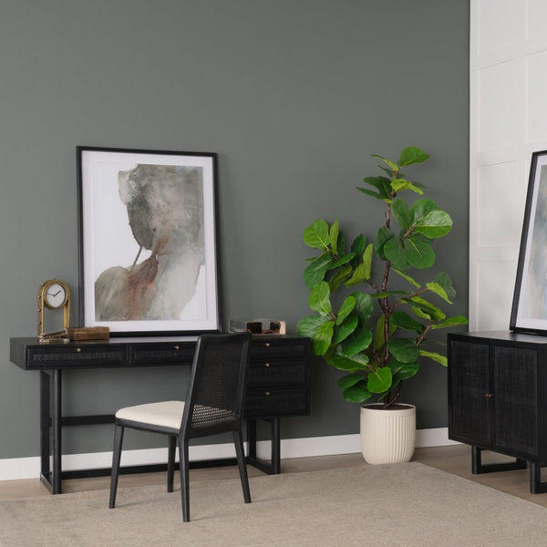 Mercana Grier 60" Solid Mango Wood Office Desk with Elegant Cane Drawer Fronts for Stylish Workspaces Black Wood | Black Cane | Brass 71145