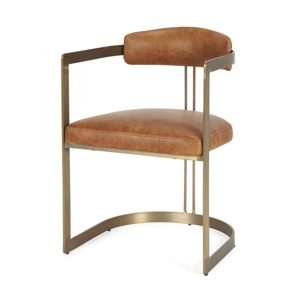 Mercana Hollyfield Premium Dining Chair - Elegant Brown Leather with Sculptural Gold Iron Frame Design 50413V