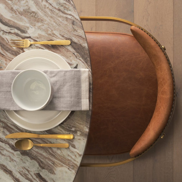 Mercana Hollyfield Premium Dining Chair - Elegant Brown Leather with Sculptural Gold Iron Frame Design 50413V