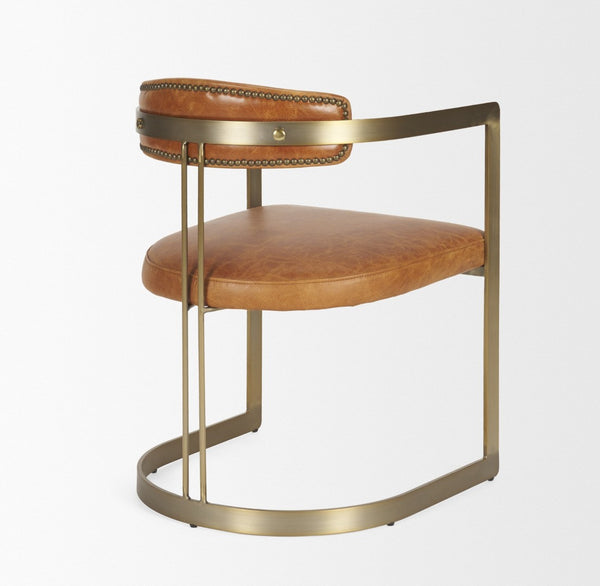 Mercana Hollyfield Premium Dining Chair - Elegant Brown Leather with Sculptural Gold Iron Frame Design 50413V