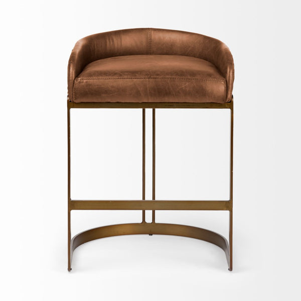 Mercana Hollyfield Low-Back Leather Stool with Antique Gold Frame - Modern Industrial Elegance for Your Home VN Brown Leather | Gold Metal | Counter 68573V