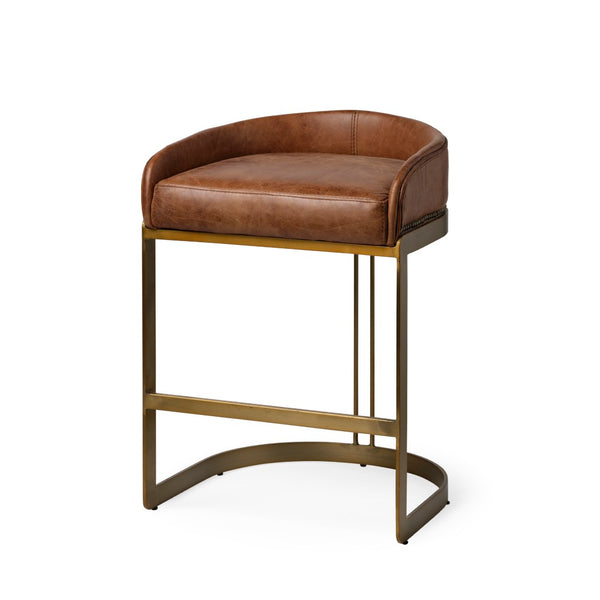 Mercana Hollyfield Low-Back Leather Stool with Antique Gold Frame - Modern Industrial Elegance for Your Home VN Brown Leather | Gold Metal | Counter 68573V
