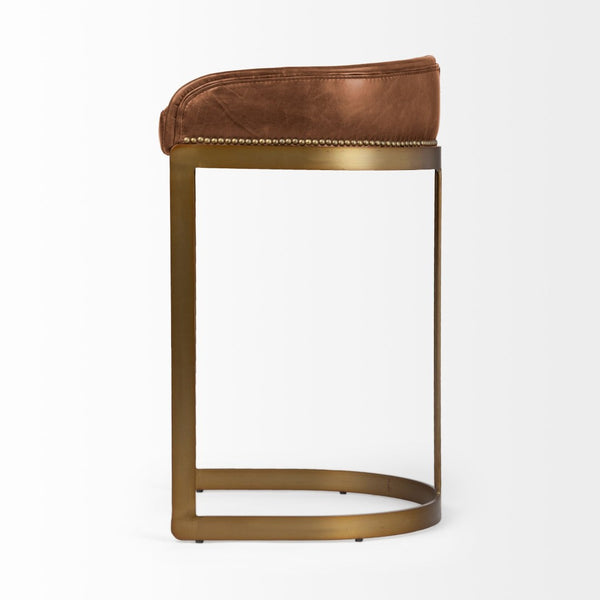 Mercana Hollyfield Low-Back Leather Stool with Antique Gold Frame - Modern Industrial Elegance for Your Home VN Brown Leather | Gold Metal | Bar 68574V