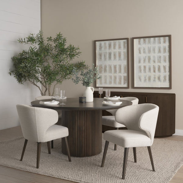 Mercana Terra Dining Table: Sculptural Round Design in Rich Mango Wood for Modern Dining & Entertaining 60" Dk Brown Wood Top | Dk Brown Wood Base 69873-AB