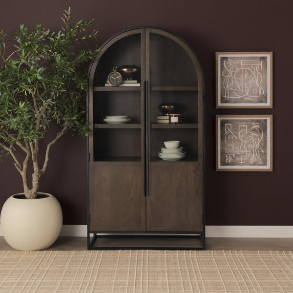 Mercana Sloan Arched Curio Cabinet - Elegant Solid Mango Wood Design with Glass Display for Modern Spaces Dark Brown Wood | Black Metal | 80"H 70828