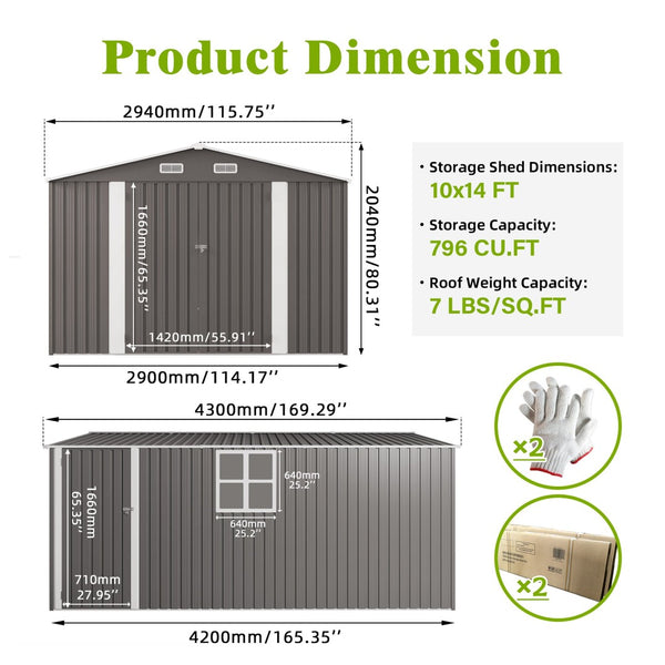 English Elm 10x14 Ft Galvanized Steel Outdoor Storage Shed with Lockable Doors and Vented Window W3213S00004