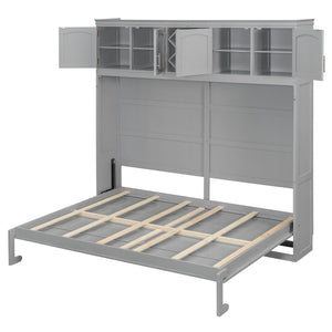 English Elm Queen Murphy Wall Bed with Storage Cabinets and Wine Rack for Small Space Living Gray LP000879AAE-1