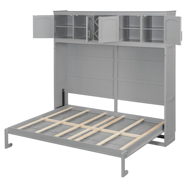 English Elm Queen Murphy Wall Bed with Storage Cabinets and Wine Rack for Small Space Living Gray LP000879AAE-1