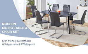 English Elm Table Set With Black Marble-Patterned Top & 6 Dark Gray Pu Chairs - Modern Dining Elegance & Comfort W1151S01962-GIGA