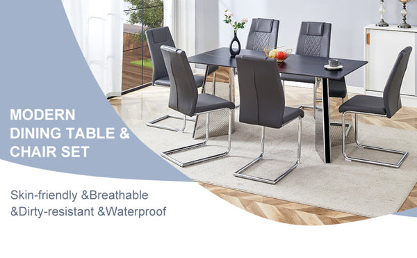 English Elm Table Set With Black Marble-Patterned Top & 6 Dark Gray Pu Chairs - Modern Dining Elegance & Comfort W1151S01962-GIGA