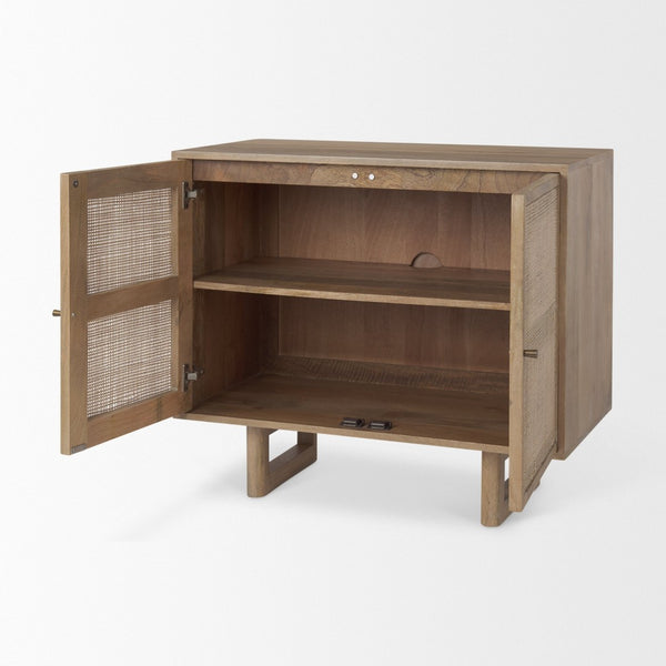 Mercana Grier 36" Solid Mango Wood Accent Cabinet with Woven Cane Doors for Stylish Storage Solutions Light Brown Wood | Cane Accent | 2 Door 69909