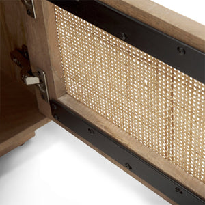 Mercana Grier Stylish Mango Wood Accent Table with Cane Panels - Mid-Century Charm & Modern Functionality Light Brown Wood | Cane Accent | 1 Door & Drawer 69935