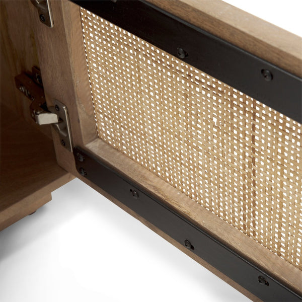 Mercana Grier Stylish Mango Wood Accent Table with Cane Panels - Mid-Century Charm & Modern Functionality Light Brown Wood | Cane Accent | 1 Door & Drawer 69935