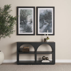 Mercana Bela Arched Console Table – Elegant Mango Wood Design with Open Shelves for Stylish Storage Solutions Black Wood | Small 71140