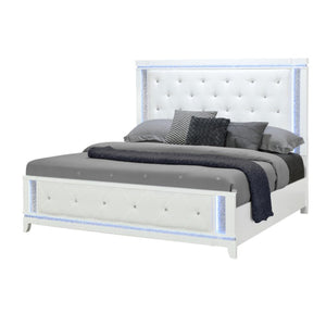 English Elm ADALID Tufted King Bed with LED Accents, Solid Wood & MDF Frame, Glitter Detail, Contemporary Look White 84.84 L x 13.98 W x 4.53 H B201S00189