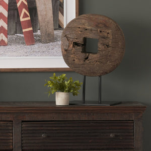 Mercana Incana Natural Brown Antique Tractor Wheel Sculpture with Black Metal Stand for Unique Decor 57541