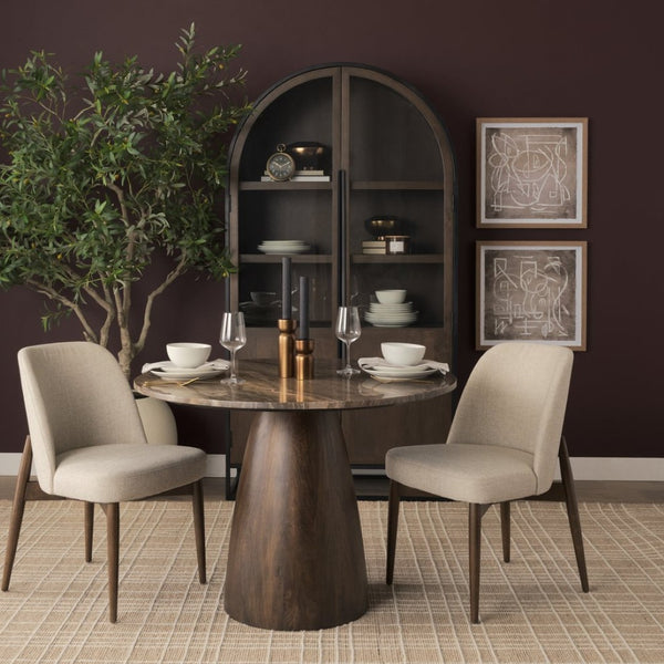 Mercana Abbie Curved Back Upholstered Dining Chair - Modern Armless Design for Stylish Spaces and Comfort Oatmeal Fabric | Dark Brown Wood 71246
