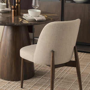 Mercana Abbie Curved Back Upholstered Dining Chair - Modern Armless Design for Stylish Spaces and Comfort Oatmeal Fabric | Dark Brown Wood 71246