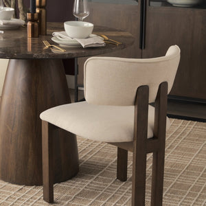 Mercana Soho Curved Open Back Chenille Tripod Dining Chair - Stylish Comfort for Modern Spaces Today! Cream Fabric | Dark Brown Wood 71249