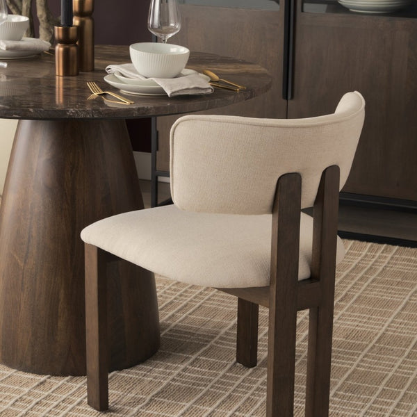 Mercana Soho Curved Open Back Chenille Tripod Dining Chair - Stylish Comfort for Modern Spaces Today! Cream Fabric | Dark Brown Wood 71249