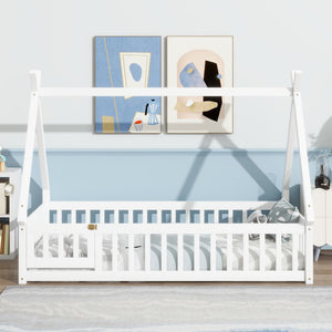 English Elm Twin Teepee Floor Bed With Guardrails - Whimsical White Design For Cozy Child'S Room Decor W504P345781-GIGA