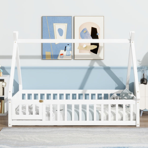 English Elm Twin Teepee Floor Bed With Guardrails - Whimsical White Design For Cozy Child'S Room Decor W504P345781-GIGA