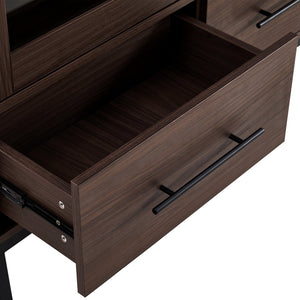 English Elm 60'' Tall Display Cabinet with LED Lighting, Tempered Glass Doors, 4 Adjustable Shelves & Drawers Black + Dark Walnut N845P261801D