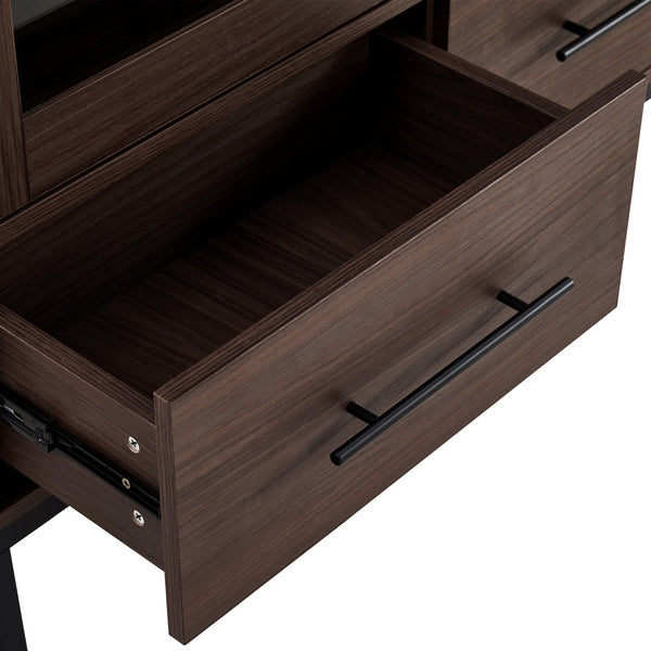 English Elm 60'' Tall Display Cabinet with LED Lighting, Tempered Glass Doors, 4 Adjustable Shelves & Drawers Black + Dark Walnut N845P261801D