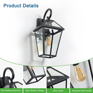 English Elm 21"(H) 21"(H) Outdoor Wall Lantern Light - Farmhouse Black Aluminum & Clear Glass Sconce, Weatherproof Durable Porch Patio Security Fixture W2312P368728
