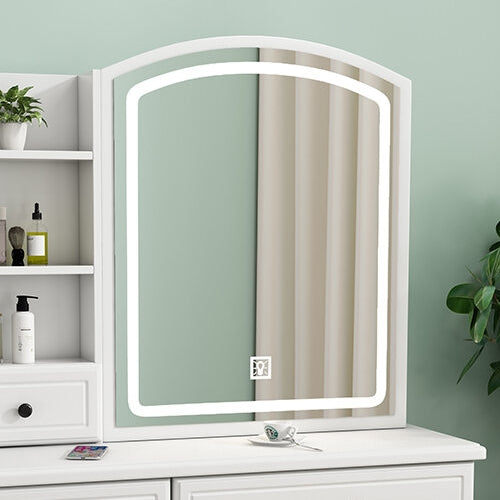 English Elm MIRROR Large Lighted Makeup Vanity with 3-Color LED Brightness, Spacious Drawers & Retro Elegant Design W509134173