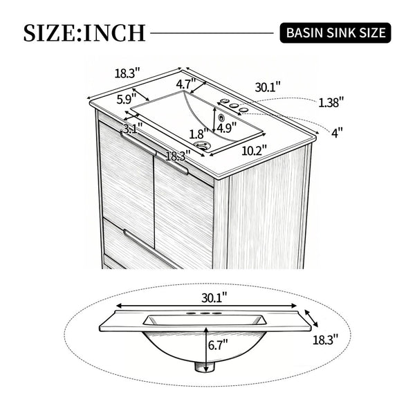 English Elm [video] 30 Inch Freestanding Bathroom Vanity Pine Legs Ceramic Sink Soft Close Storage Oak N759P412928O