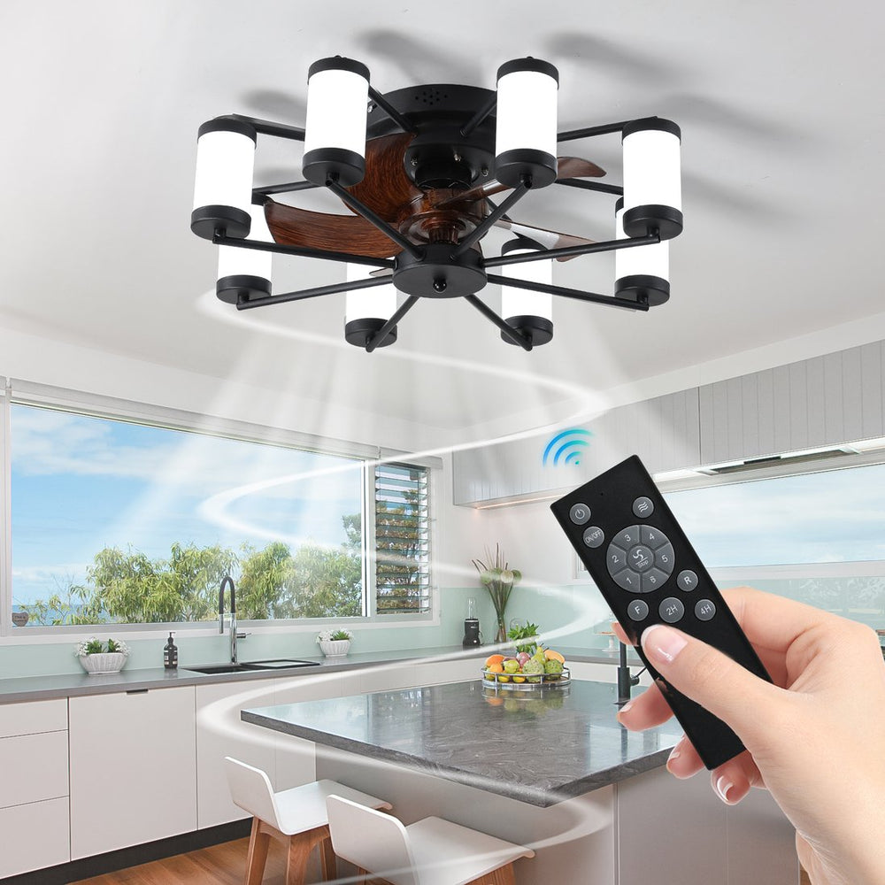 English Elm 21.7 Ceiling Fan Light Windmill Flush Mount with Dimmable LED, Remote, Timer, 6 Speeds, Black Wood-Blade W2312P374761