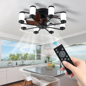 English Elm 21.7 Ceiling Fan Light Windmill Flush Mount with Dimmable LED, Remote, Timer, 6 Speeds, Black Wood-Blade W2312P374761
