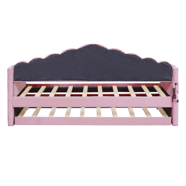 English Elm Twin Velvet Upholstered Daybed with Pull Out Trundle and Built in Usb Charging N733S382368H