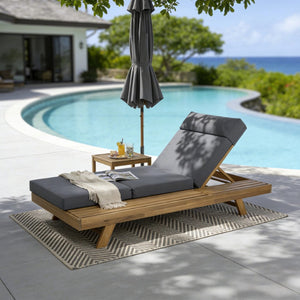 English Elm Lounge Chaise Outdoor Acacia Wood Slatted Frame with Water Resistant Cushion Resort Style Dark Gray,Light Brown N770P442L67G