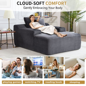 English Elm 67" Corduroy Oversized Chaise Sleeper Sofa Deep Seat Boneless Lounge with Cup Holder Pillows Dark Grey W1803P409258