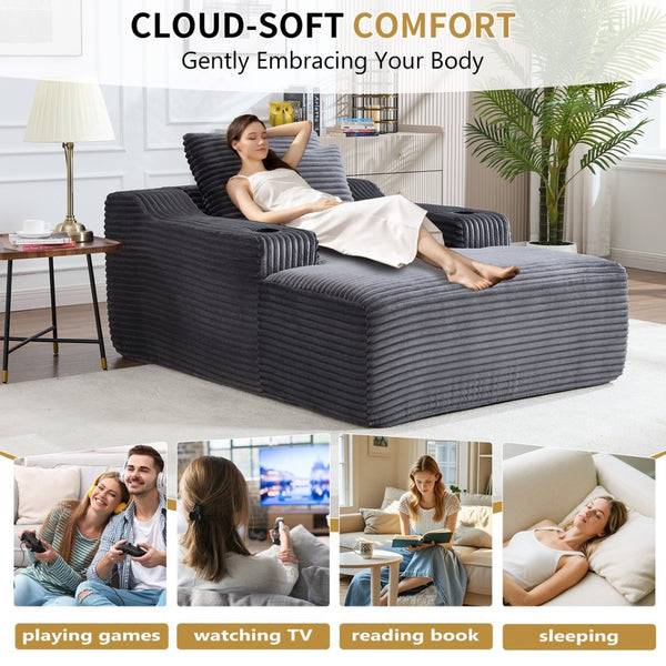 English Elm 67" Corduroy Oversized Chaise Sleeper Sofa Deep Seat Boneless Lounge with Cup Holder Pillows Dark Grey W1803P409258