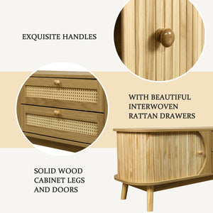 English Elm Rattan Modern Farmhouse TV Stand for TVs up to 75" – Sliding Doors, Rattan Drawers, Solid Wood Legs N710P174917Q