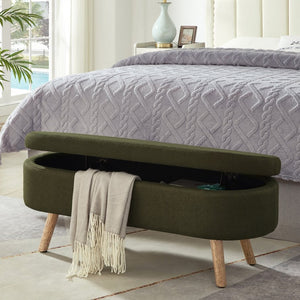 English Elm Luxury Boucle Oval Ottoman Bench with Hidden Storage Rubberwood Legs Entryway Seat Dark Green W2186P430721