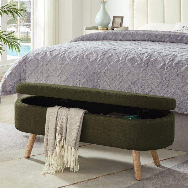 English Elm Luxury Boucle Oval Ottoman Bench with Hidden Storage Rubberwood Legs Entryway Seat Dark Green W2186P430721