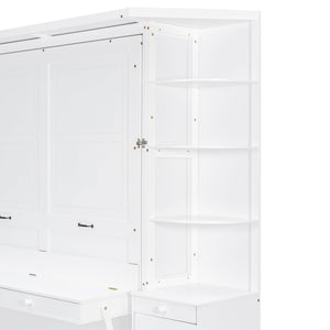 English Elm Queen Murphy Bed with Integrated Desk Cabinet Storage Wall Unit for Home Office White LP000739AAK