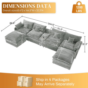 English Elm 148-inch U-shaped Sectional Seven Piece Sofa with Console Usb Port Living Room W2564S00096