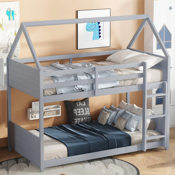 English Elm Twin House Floor Bunk Bed With Guardrails, Ladder & Headboards - Stylish Light Grey Rubber Wood Design W504P227969-GIGA