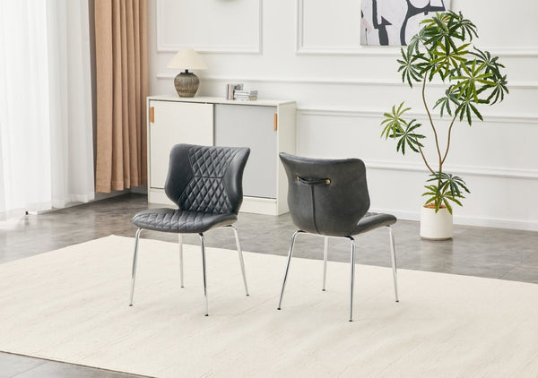 English Elm Dark Oil Waxed Faux Leather Dining Chair Set with Diamond Tufted High Back Metal Legs Dark Gray W3493P444894